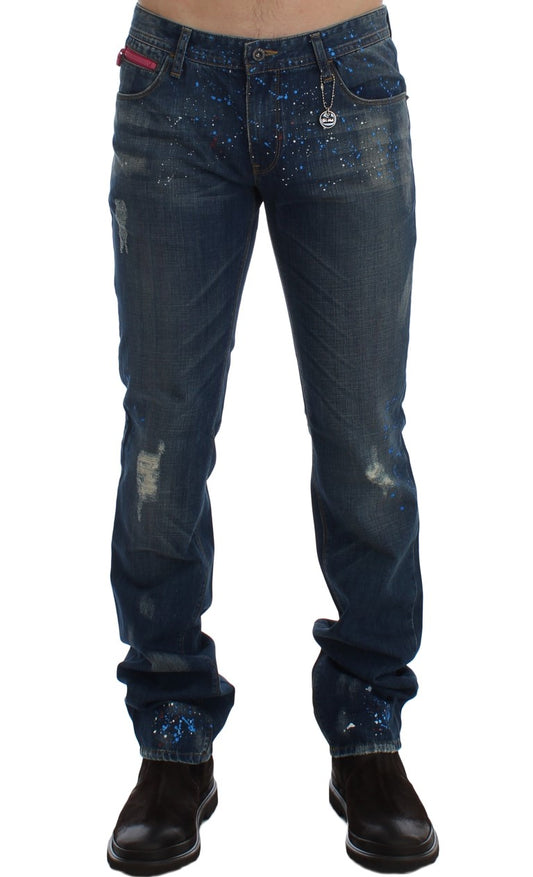 Costume National Blue Wash Paint Slim Fit Pants Jeans
