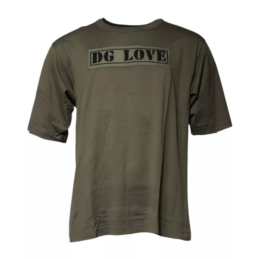 Dolce & Gabbana Army Green DG Love Cotton Crew Neck T-shirt