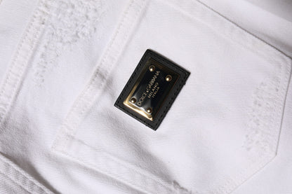 Dolce & Gabbana White Tattered Cotton High Waist Denim Jeans