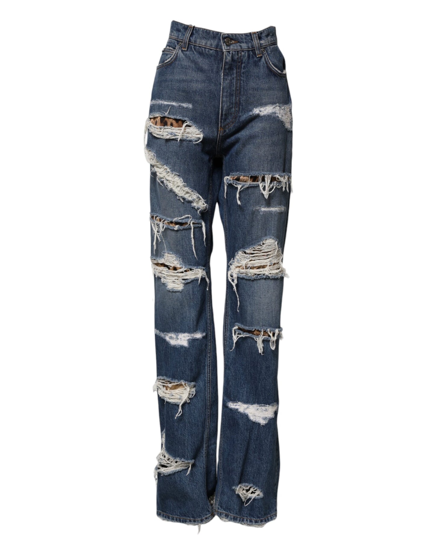 Dolce & Gabbana Blue Tattered Cotton Straight Denim Jeans