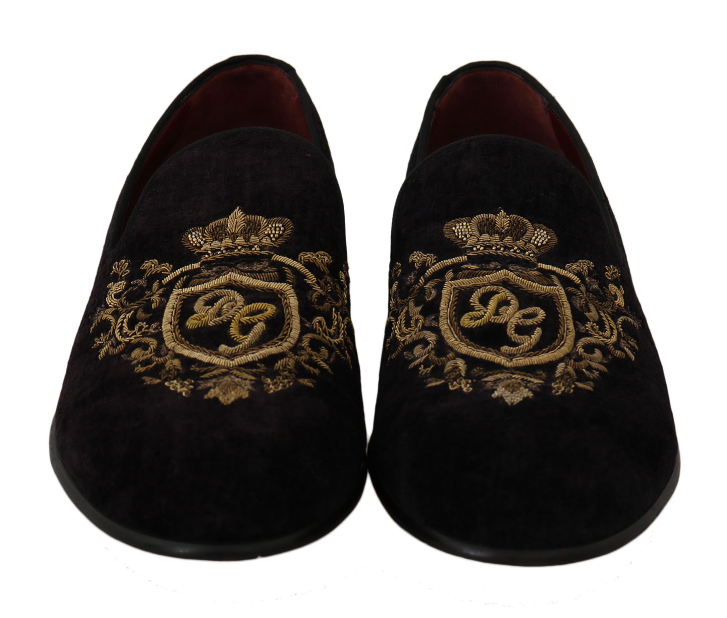 Dolce & Gabbana Loafers Black Velvet Gold Crown