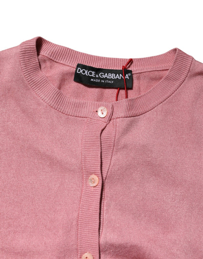 Dolce & Gabbana Pink Silk Cropped Crew Neck Cardigan Sweater
