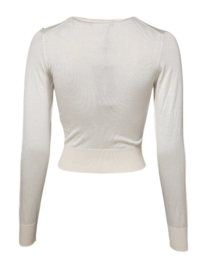 Dolce & Gabbana White Silk Lily Embellished Pullover Sweater
