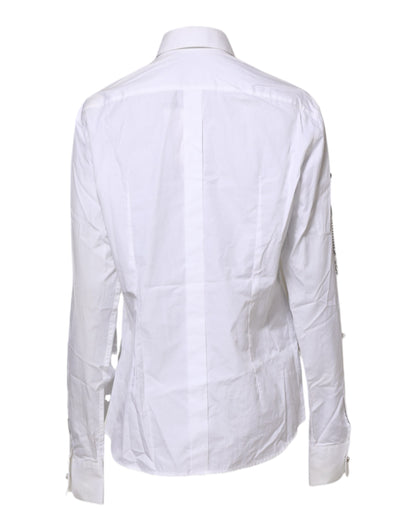 Dolce & Gabbana White Crystal Embellished Collared Shirt Top