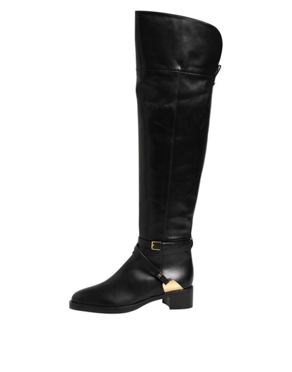 Elisabetta Franchi Black Leather Buckled High Boots Shoes