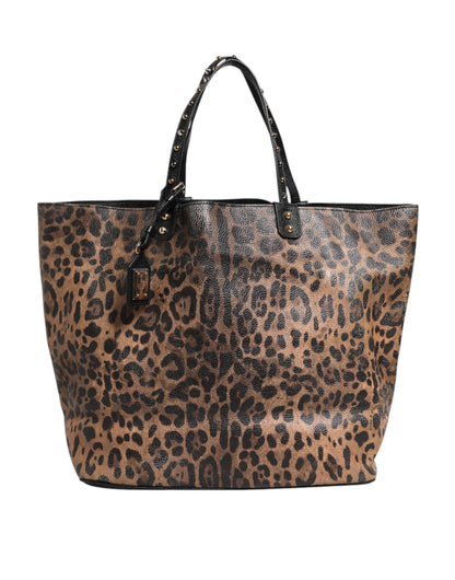 Dolce & Gabbana Brown Leopard BEATRICE Leather Logo Plaque Tote Bag