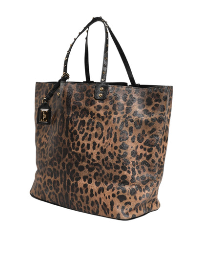Dolce & Gabbana Brown Leopard BEATRICE Leather Logo Plaque Tote Bag