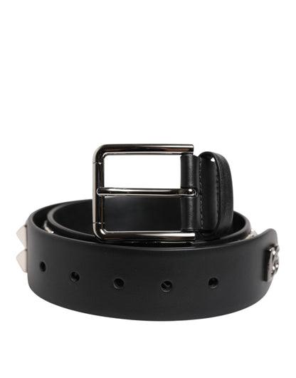 Dolce & Gabbana Black Leather Studded DG Metal Buckle Belt