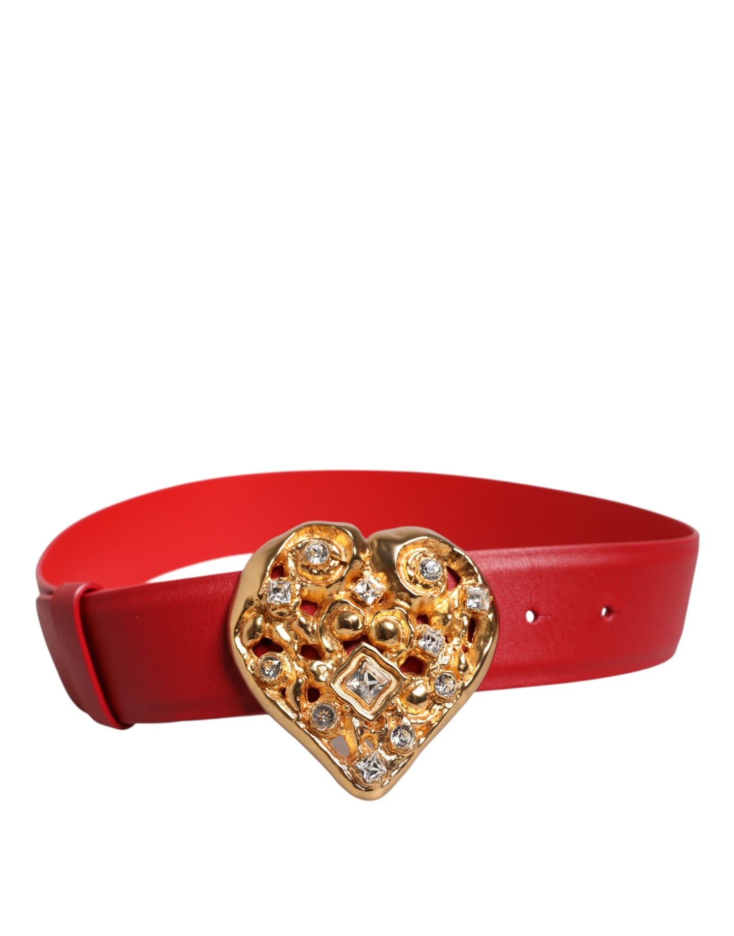 Dolce & Gabbana Red Calf Leather Embellished Metal Buckle Belt