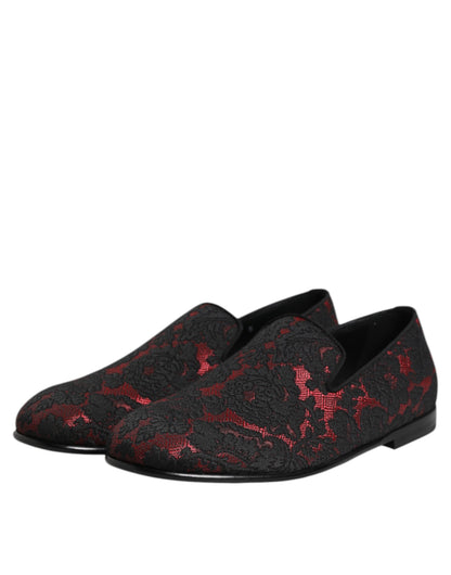 Dolce & Gabbana Red Black Jacquard Slip On Men Loafers Shoes