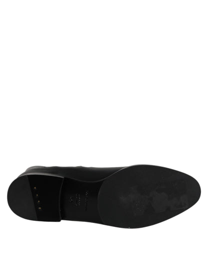 Dolce & Gabbana Black Leather Flats Logo Short Boots Shoes