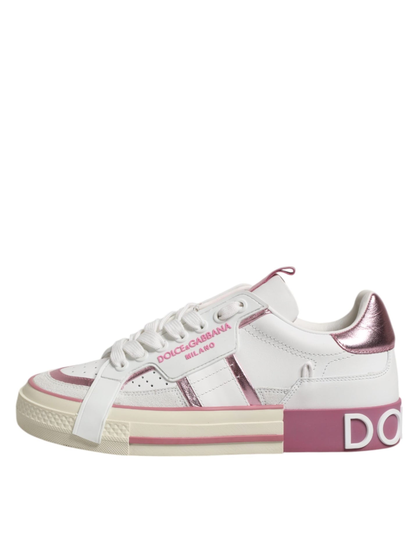 Dolce & Gabbana White Pink Leather Low Top Sneakers Shoes