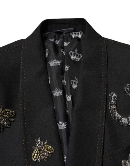 Dolce & Gabbana Black Bee Crown Embellished Suit Coat Blazer