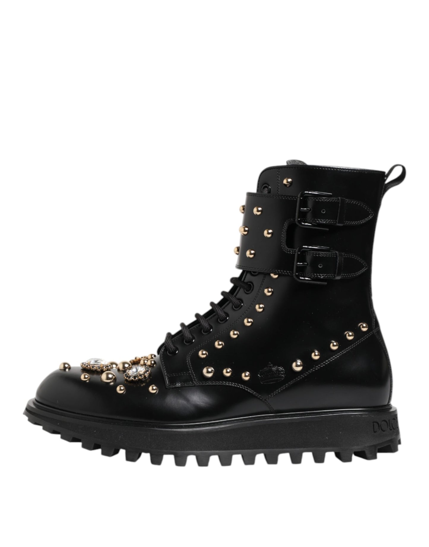 Dolce & Gabbana Black Studded Lace Up Mid Calf Boots Shoes