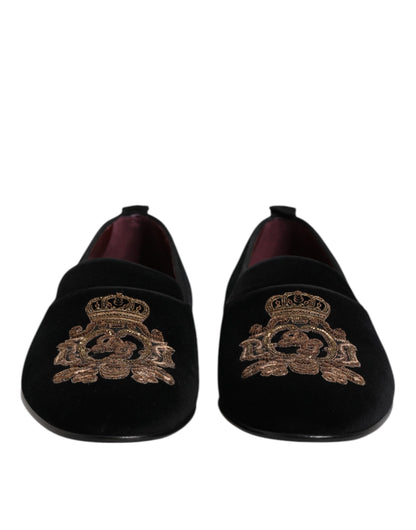 Dolce & Gabbana Black Velvet Gold Crown Mens Loafers Shoes