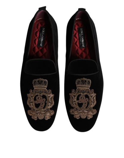 Dolce & Gabbana Black Velvet Gold Crown Mens Loafers Shoes