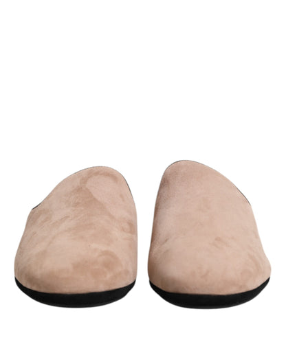 Dolce & Gabbana Beige Suede Leather Slides Flat Slipper Shoes