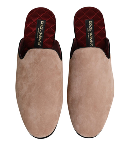 Dolce & Gabbana Beige Suede Leather Slides Flat Slipper Shoes