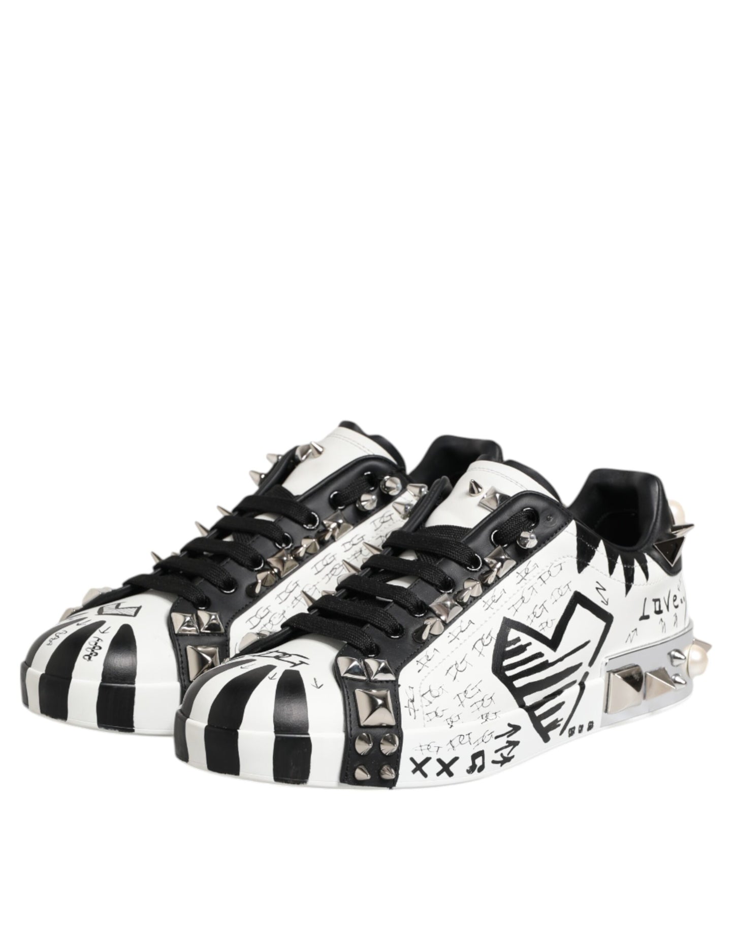Dolce & Gabbana Black White Studded Low Top Sneakers Shoes
