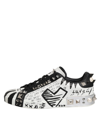 Dolce & Gabbana Black White Studded Low Top Sneakers Shoes