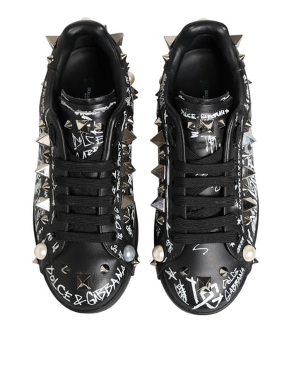 Dolce & Gabbana Black Portofino Stud Embellished Sneakers Shoes