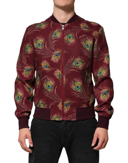 Dolce & Gabbana Maroon Peacock Feather Print Bomber Jacket