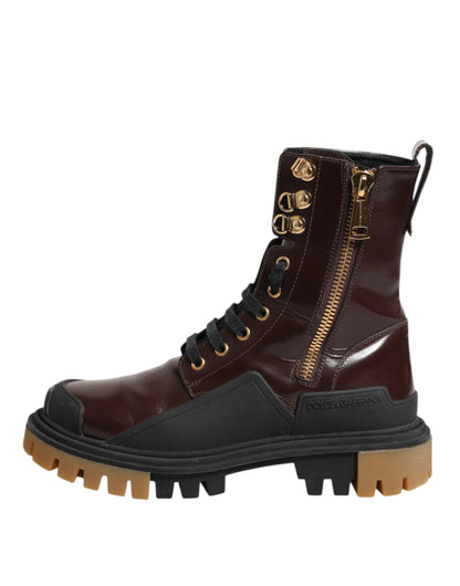 Dolce & Gabbana Maroon Leather Mid Calf Biker Boots Shoes