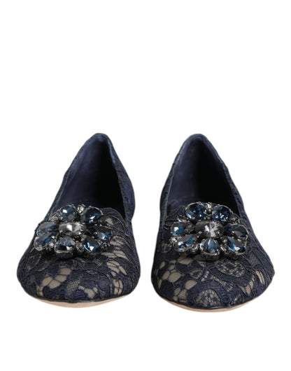 Dolce & Gabbana Blue Taormina Lace Crystals Flats Shoes