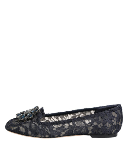 Dolce & Gabbana Blue Taormina Lace Crystals Flats Shoes