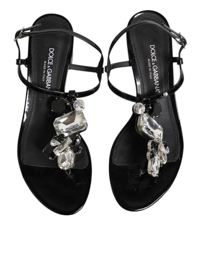 Dolce & Gabbana Black Leather Crystal Ankle Strap Sandals Shoes