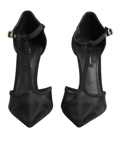 Dolce & Gabbana Black Mesh T-strap Stiletto High Heels Shoes