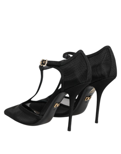Dolce & Gabbana Black Mesh T-strap Stiletto High Heels Shoes