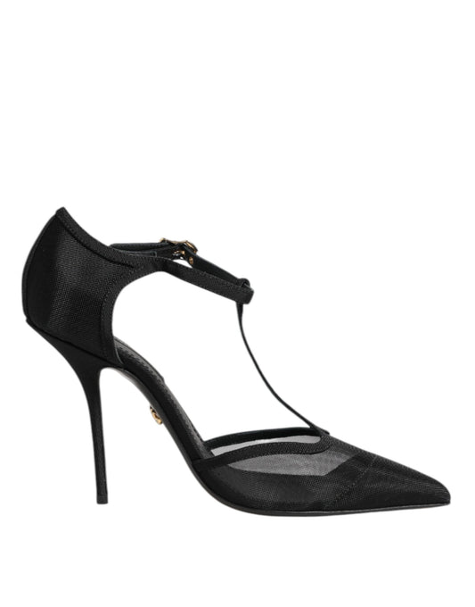 Dolce & Gabbana Black Mesh T-strap Stiletto High Heels Shoes