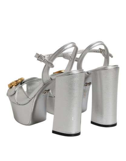 Dolce & Gabbana Silver Logo Ankle Strap Heels Sandals Shoes