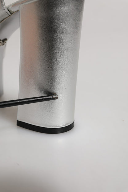 Dolce & Gabbana Silver Logo Ankle Strap Heels Sandals Shoes