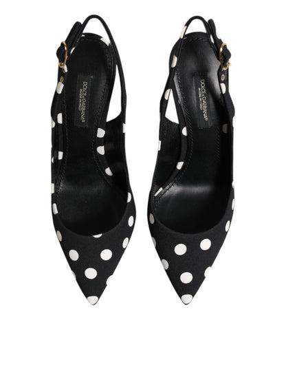 Dolce & Gabbana Black White Dotted Stiletto Slingback Shoes