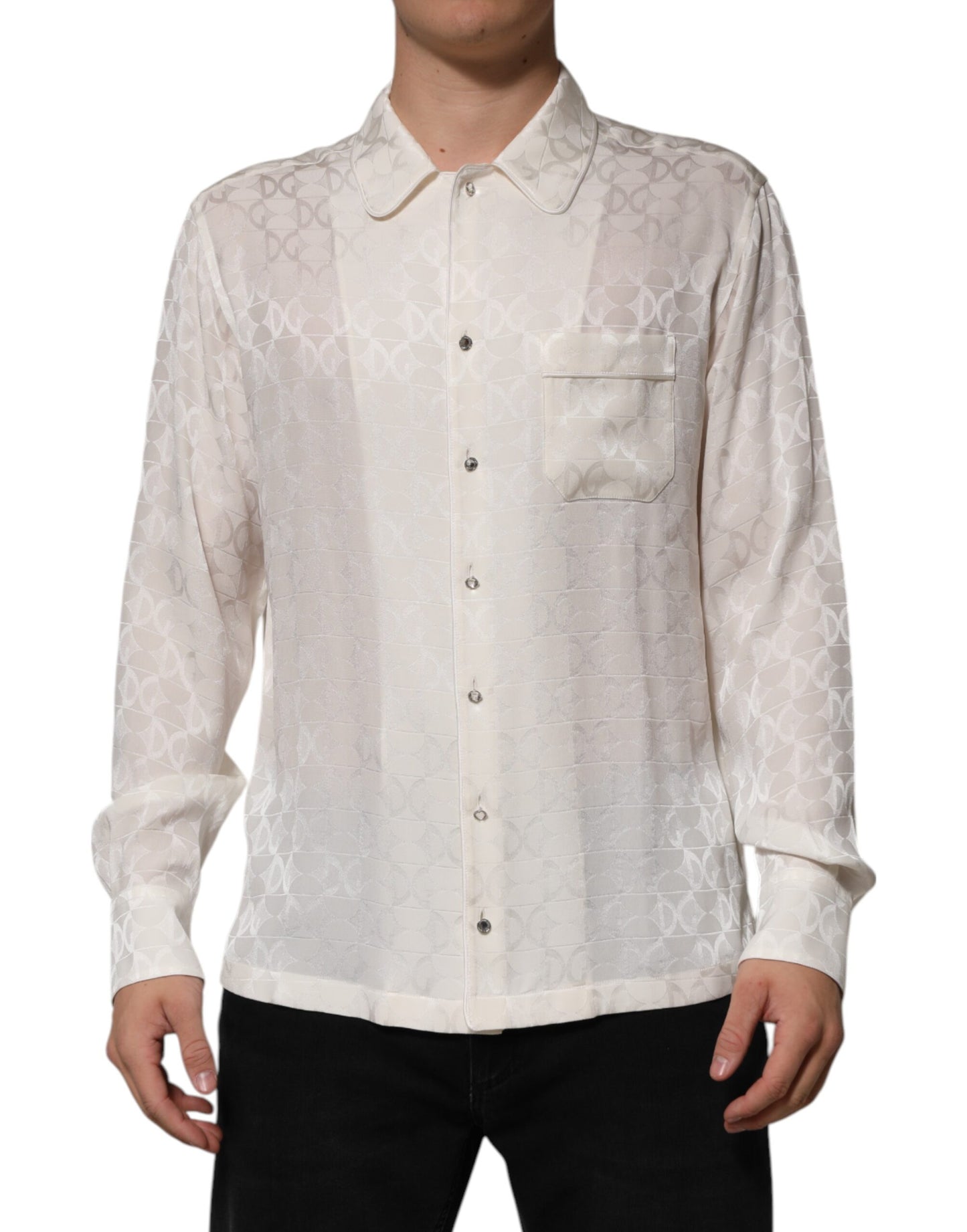 Dolce & Gabbana White Silk DG Logo Print Long Sleeves Shirt