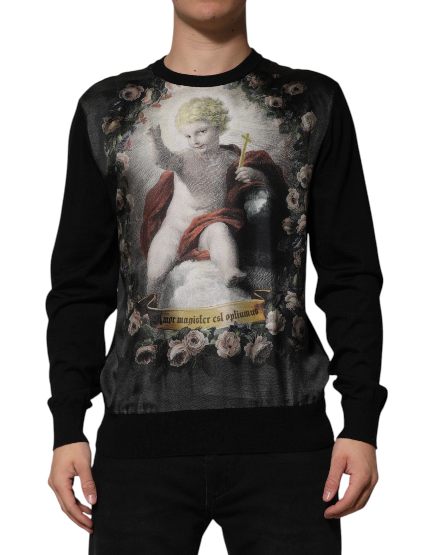 Dolce & Gabbana Black Cashmere Cherub Print Baroque Sweater