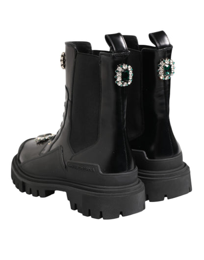 Dolce & Gabbana Black Crystal Embellished Combat Boots Shoes