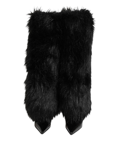 Dolce & Gabbana Black Faux Fur Pointed Knee High Stiletto Boots Shoes
