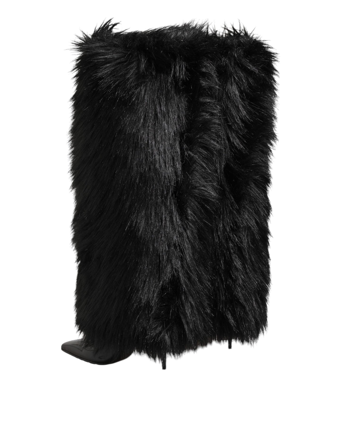 Dolce & Gabbana Black Faux Fur Pointed Knee High Stiletto Boots Shoes