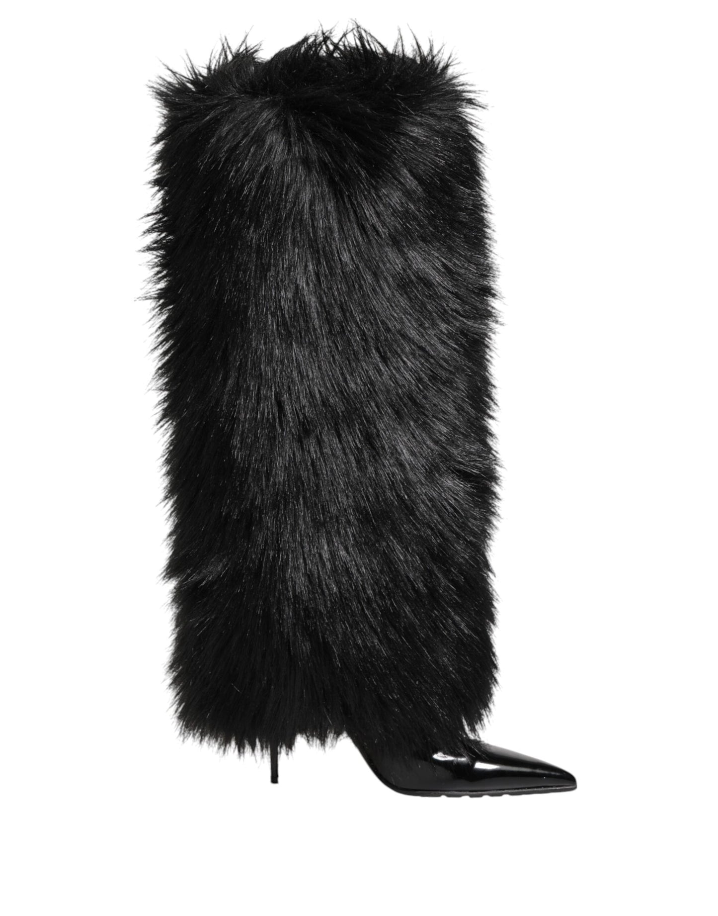 Dolce & Gabbana Black Faux Fur Pointed Knee High Stiletto Boots Shoes