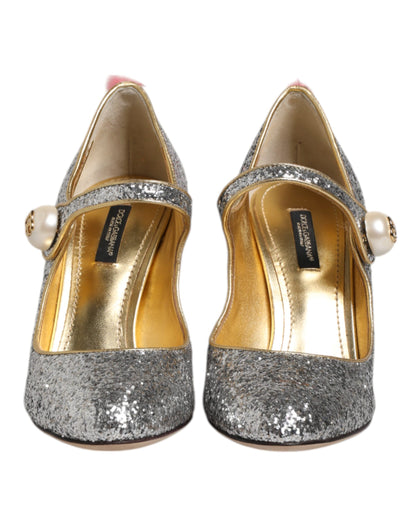 Dolce & Gabbana Silver Glitter Mink Fur VALLY Pumps Shoes