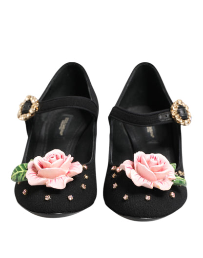 Dolce & Gabbana Black Flower Crystal Embellished Mary Jane Shoes