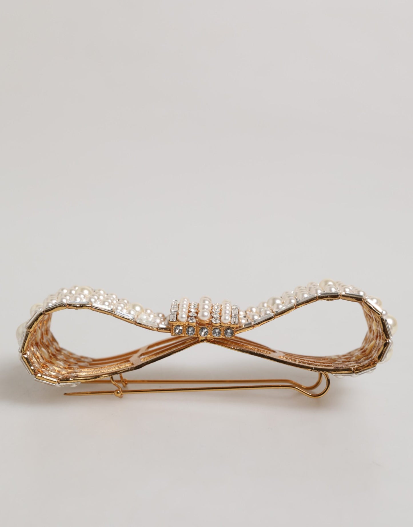 Dolce & Gabbana Gold Tone Brass Bow Crystal FauxPearl Embellished Brooch