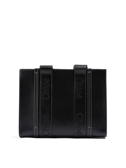Chloé Black Woody Embroidered Logo Leather Medium Tote Bag