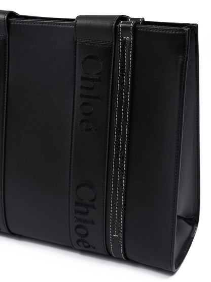 Chloé Black Woody Embroidered Logo Leather Medium Tote Bag