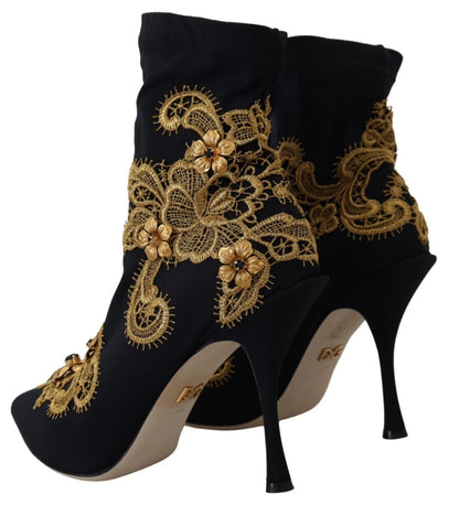 Dolce & Gabbana Black Gold Embroidery Crystal Boots Shoes