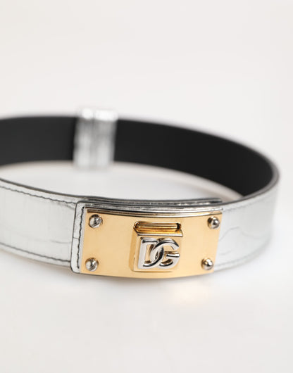 Dolce & Gabbana Silver Textured Leather Gold Tone Metal Neckband