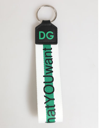 Dolce & Gabbana Green Logo Polyester Silver Brass Holder Keychain Keyring